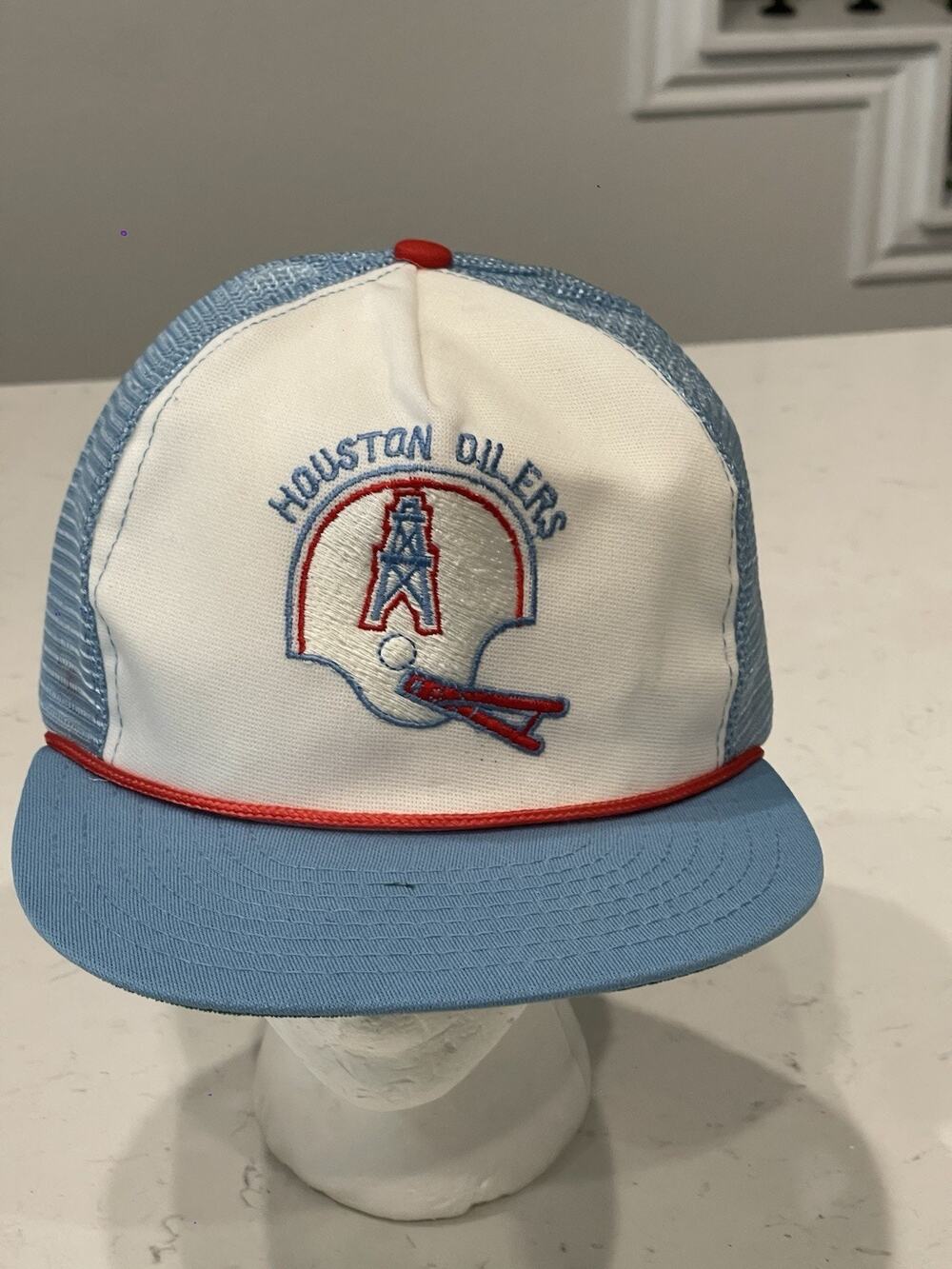 Vintage Houston Oilers Large Blue and White Mesh Snapback Hat Adjustable Cap